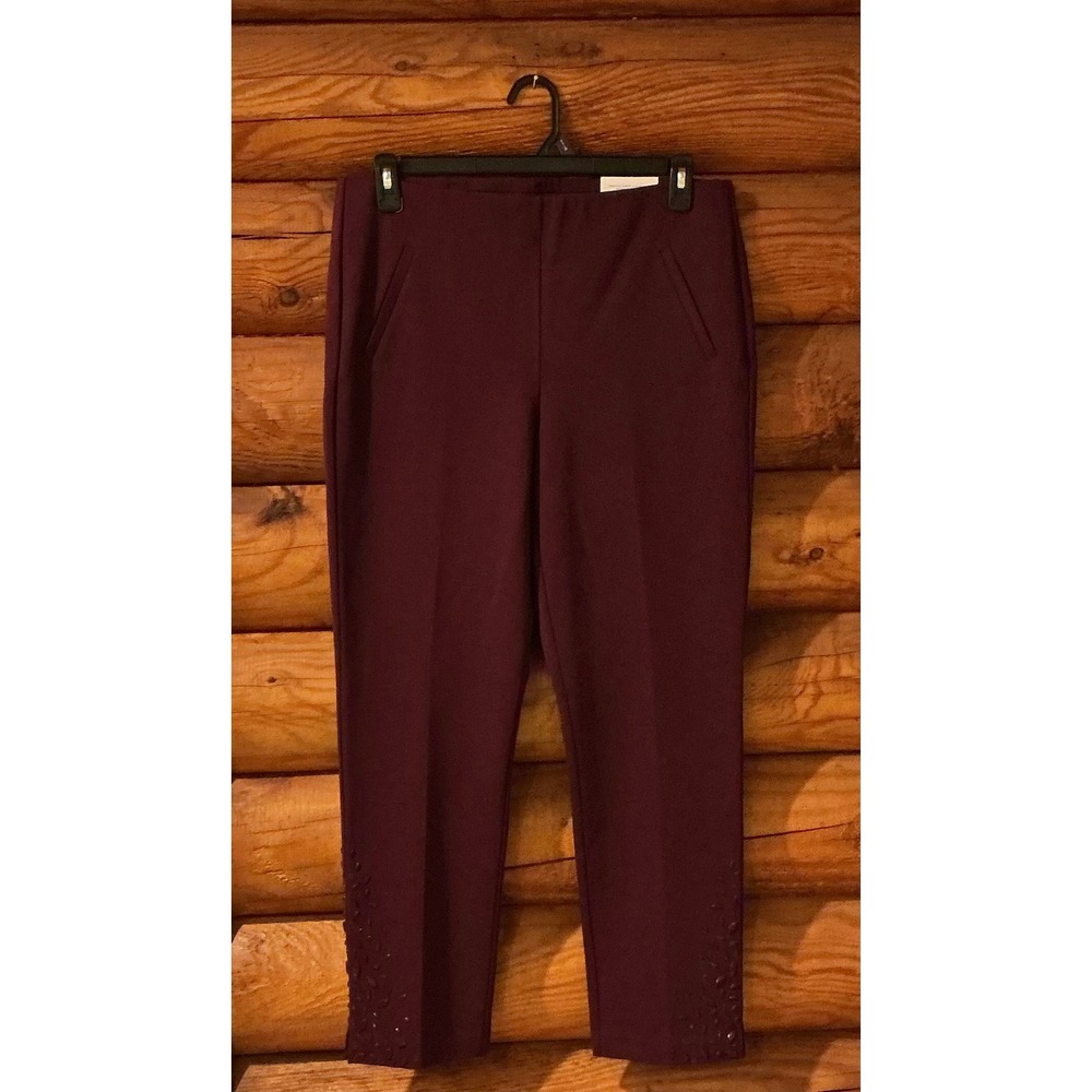 Chicos So Slimming Juliet Slim Leg Pants Burgundy Beaded Hem Size 2 US 12 NEW